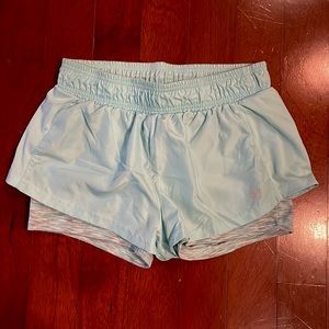 Forever 21 Aqua Blue Workout Shorts w/ soft Blue, Gray, & White under layer